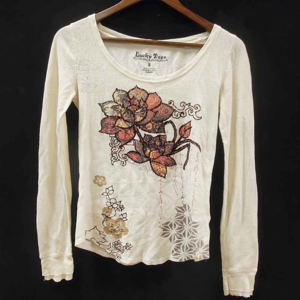 Lucky Tees Womens Y2K Thermal Asian Inspired Floral Shirt Size S Fairy Grunge